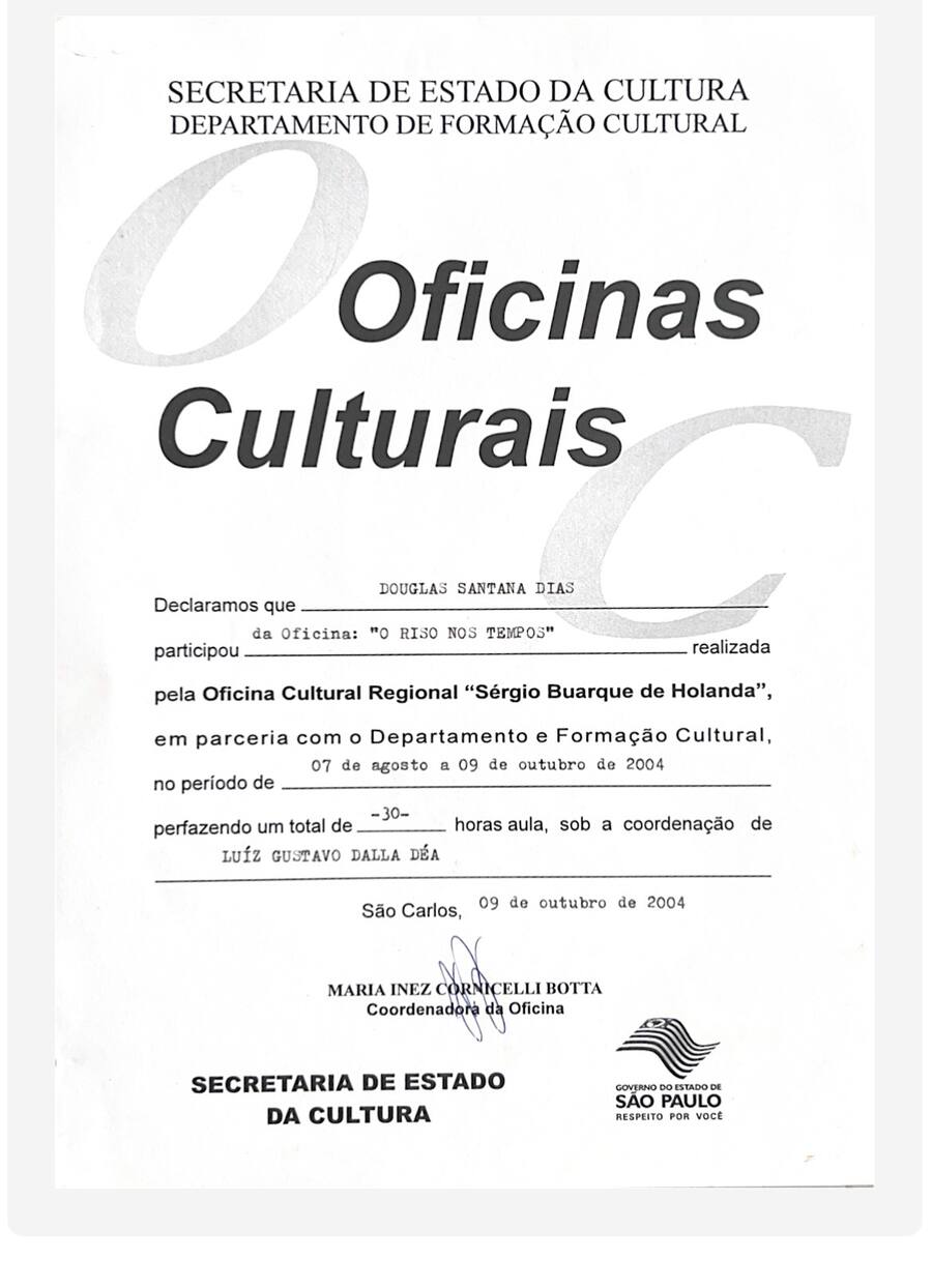 Certificado das Oficinas Culturais do Estado de São Paulo